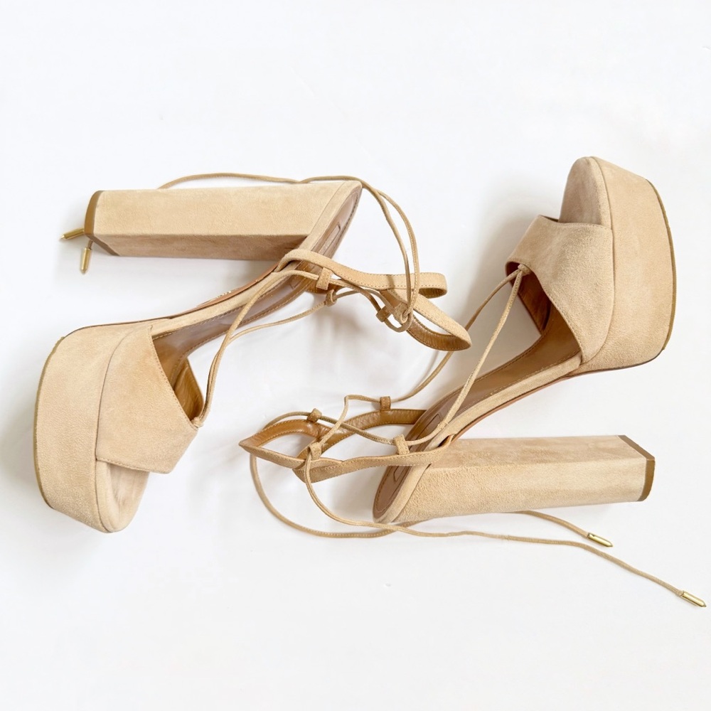 AQUAZZURA AUSTIN BEIGE CREAM SUEDE LACE UP ANKLE WRAP PLATFORM CHUNKY HEEL - Picture 5 of 15